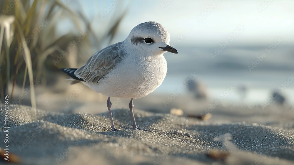 Fototapeta premium Close-up of small white bird on sandy beach, seagulls in background