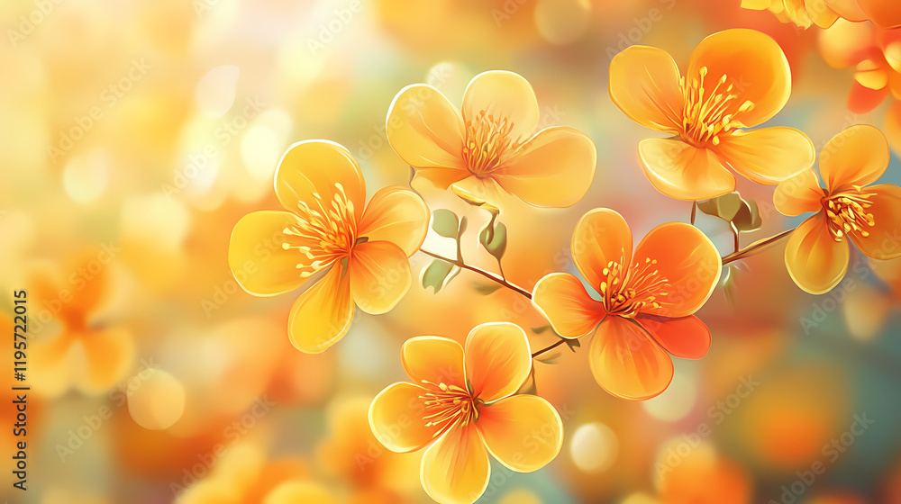 Naklejka premium Colorful spring blossoms with bright yellow and orange flowers, natures beauty in bloom, fresh floral background. Firethorn. Illustration
