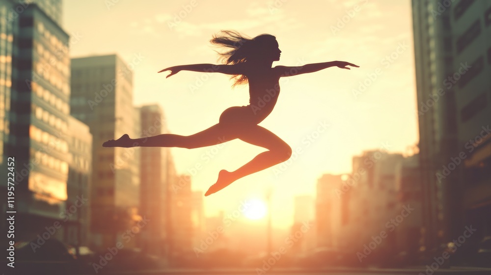 Dancer leaps gracefully against a sunset backdrop in an urban setting. Generative AI Dancer leaps gracefully against a sunset backdrop in an urban setting. Generative AI