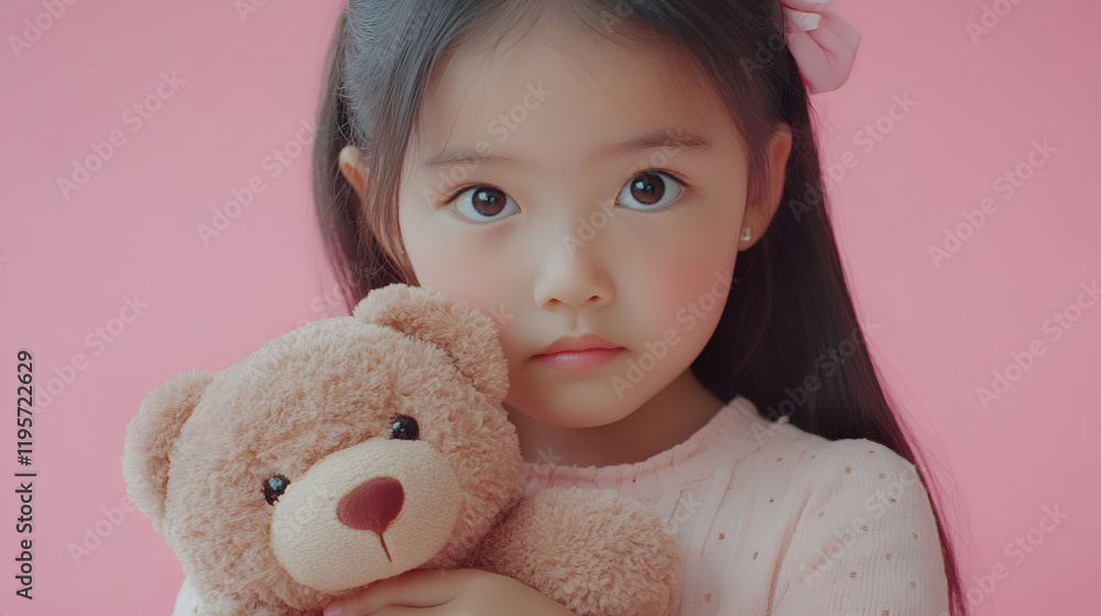 Little girl holding a teddy bear, soft pink background with copy space, adorable expression, clear facial features Little girl holding a teddy bear, soft pink background with copy space, adorable expression, clear facial features
