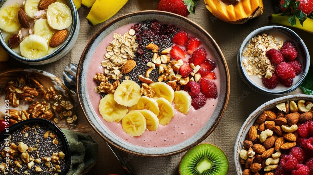 A close-up of a nutritious vegan breakfast, featuring smoothie bowls, nuts A close-up of a nutritious vegan breakfast, featuring smoothie bowls, nuts