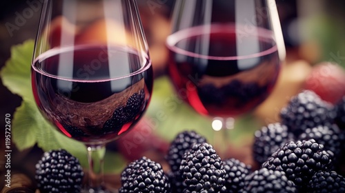 Rich red wine in elegant glasses surrounded by fresh blackberries on a wooden table. Generative AI