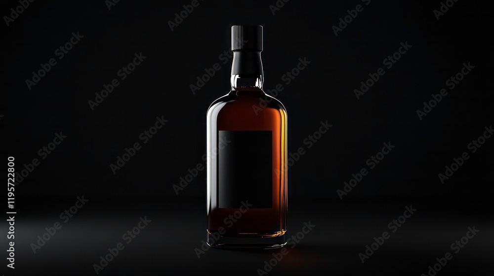 dark glass bottle filled with brown liquid, likely liquor, set against a black background. The bottle has a black cap and a blank label, exuding a sense of luxury and minimalism dark glass bottle filled with brown liquid, likely liquor, set against a black background. The bottle has a black cap and a blank label, exuding a sense of luxury and minimalism