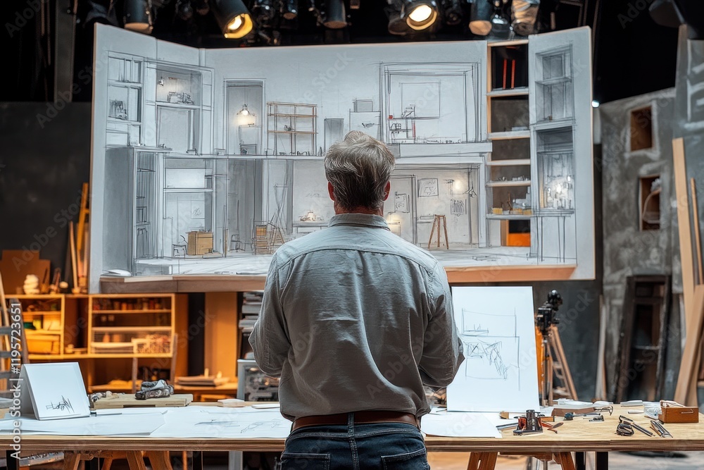 Creative designer reviews architectural sketches in a well-lit studio during a project development session. Generative AI Creative designer reviews architectural sketches in a well-lit studio during a project development session. Generative AI