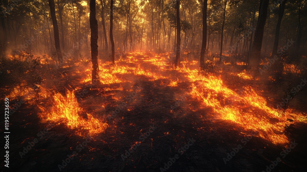 Fototapeta premium Wildfire spreads rapidly through dense forest, creating a dramatic display of flames and smoke. Generative AI
