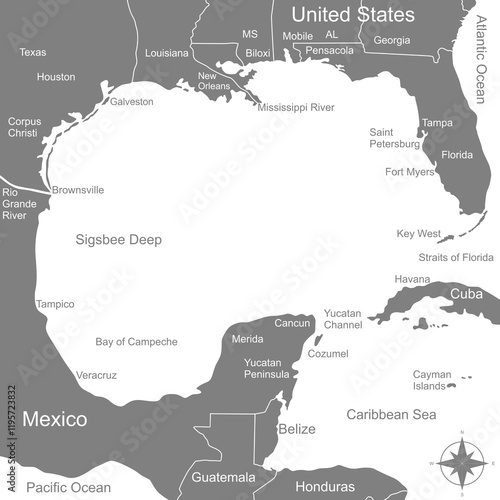 Map of the Gulf Coast, geographic area in the extreme southern United States along the northern portion of the Gulf of Mexico. Format PNG photo