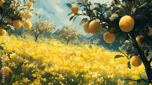 A field of yellow flowers with a few apples hanging from the trees. the apples are ripe and ready to be picked. Firethorn. Illustration photo