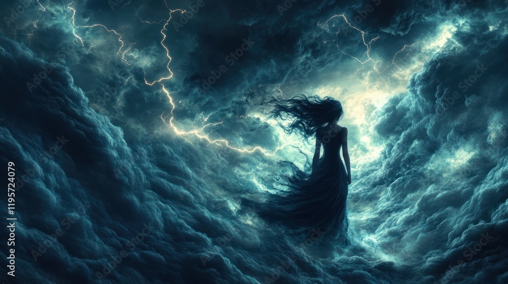 Fototapeta premium Mysterious figure standing amidst stormy clouds and flashes of lightning in a darkened sky. Generative AI