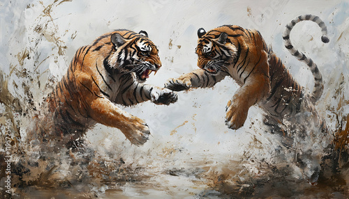 Two Tigers Engaging in a Fierce Encounter in a Muddy Environment