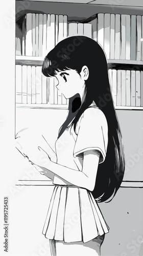 Black and white vector illustration of a young woman reading in a library, drawn in anime style