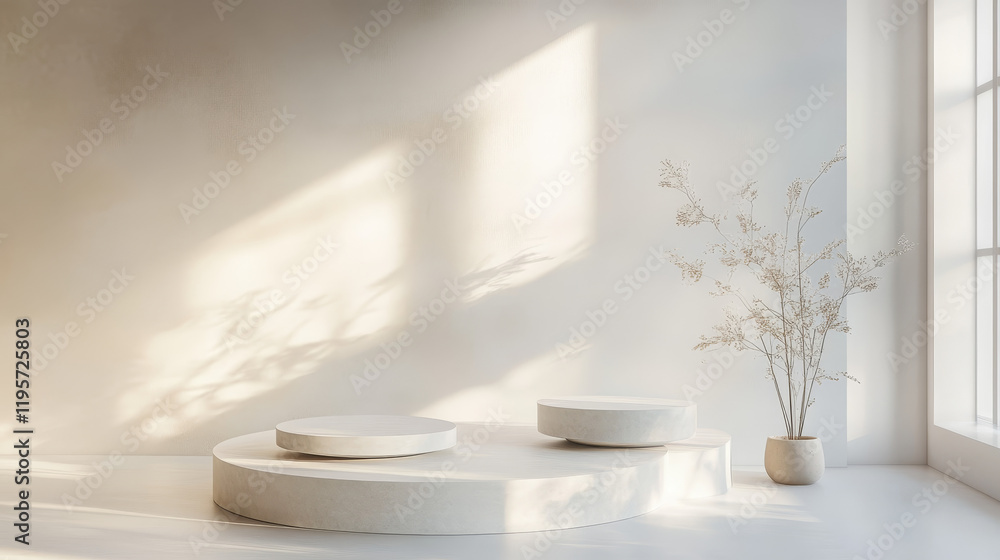 The scene features a clean, modern pedestal ideal for showcasing cosmetic products or fashion items in a studio display or showroom mockup setting The scene features a clean, modern pedestal ideal for showcasing cosmetic products or fashion items in a studio display or showroom mockup setting