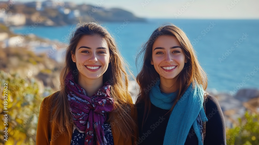Obraz premium two women best friend smiling together at mountain top with blue ocean seascape background