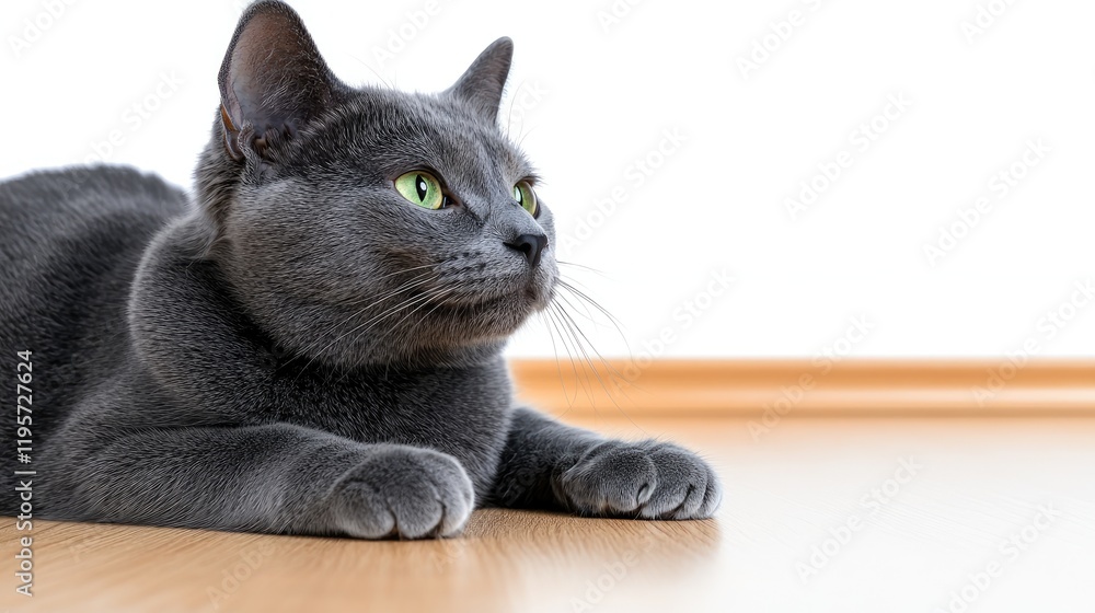 Naklejka premium Playful grey cat relaxing on wooden floor in minimalist room indoor photography calm environment