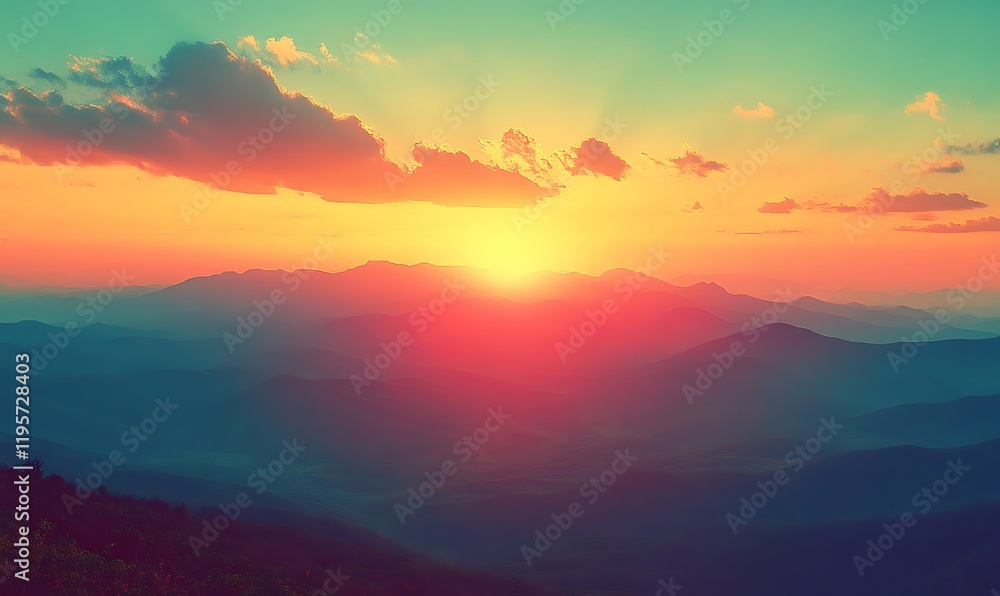 A wide view of the mountains at sunrise, with vivid colors and a cross-processed vintage A wide view of the mountains at sunrise, with vivid colors and a cross-processed vintage