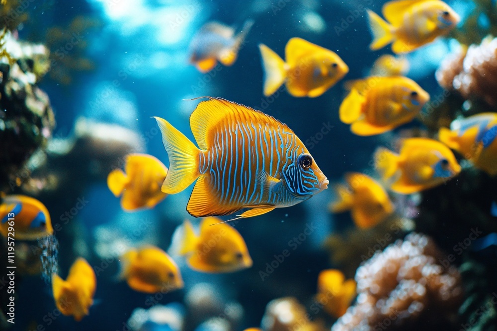 Fototapeta premium Vibrant Underwater World: Tropical Fishes in Coral Reef Aquarium