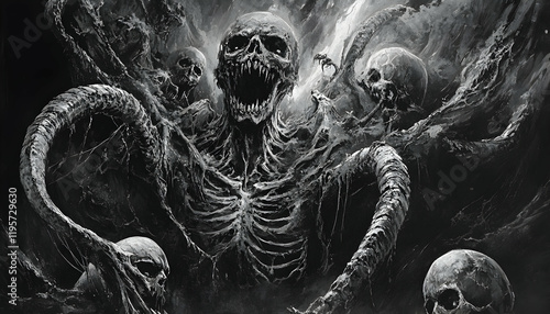 Venture into the abyssal realm of the netherworld, where eldritch horrors reign supreme and the macabre dance of souls plays out eternally. Eldritch. Illustration