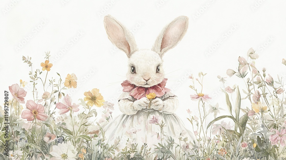 Obraz premium A white rabbit with a pink bow tie frolics amidst a field of colorful flowers and daisies