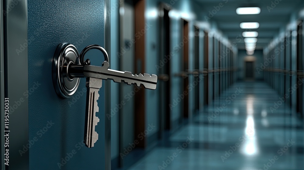 Detailed view of a prison cell door lock with a key inserted, emphasizing security and confinement in a blurred corridor beyond Detailed view of a prison cell door lock with a key inserted, emphasizing security and confinement in a blurred corridor beyond