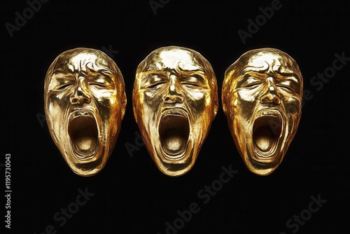 Three golden screaming heads ornaments representing fury and despair