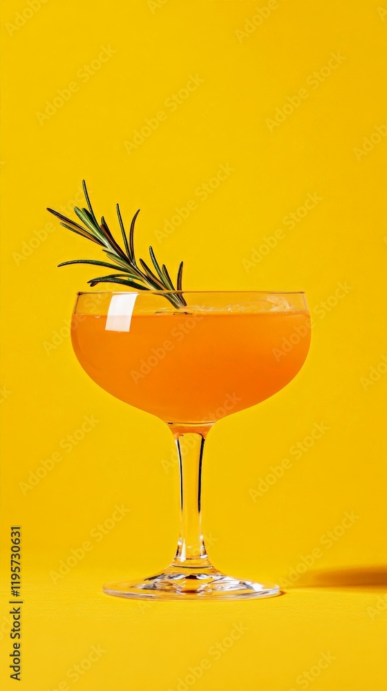 Fototapeta premium Elegant coupe glass filled with a bright orange cocktail, garnished with a sprig of fresh rosemary, stands out against a vivid yellow backdrop, creating a vibrant and refreshing summer scene