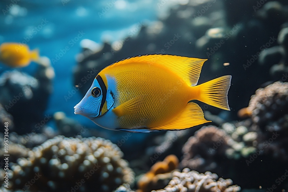 Naklejka premium Vibrant Yellow Tropical Fish in Coral Reef Habitat