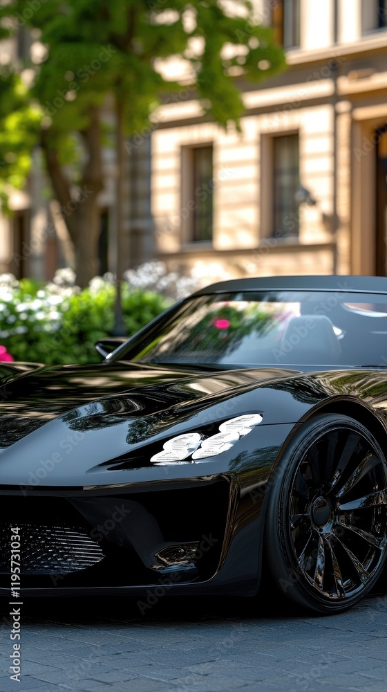 Fototapeta premium A sleek electric car showcases its detailed gray body and illuminated headlights against a soft-focus background in daylight
