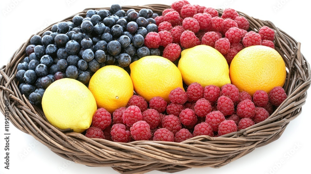 Fresh berries, lemons, wicker basket, white background, healthy food Fresh berries, lemons, wicker basket, white background, healthy food