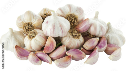 Group of garlic cloves resh and healthy, isolated on transparent background photo