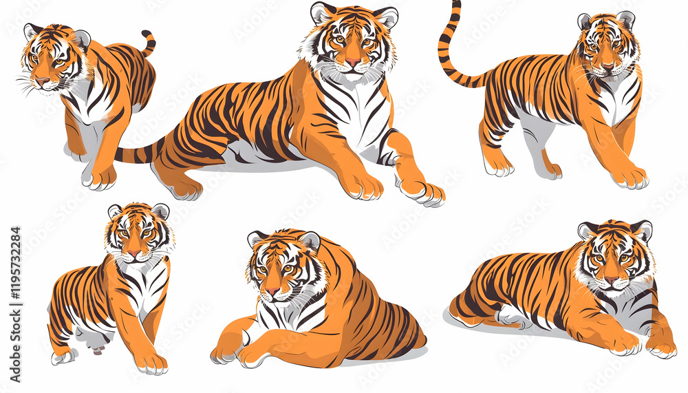 Fototapeta premium A stunning tiger in various regal stances, its striking colors and stripes accentuated against a white backdrop