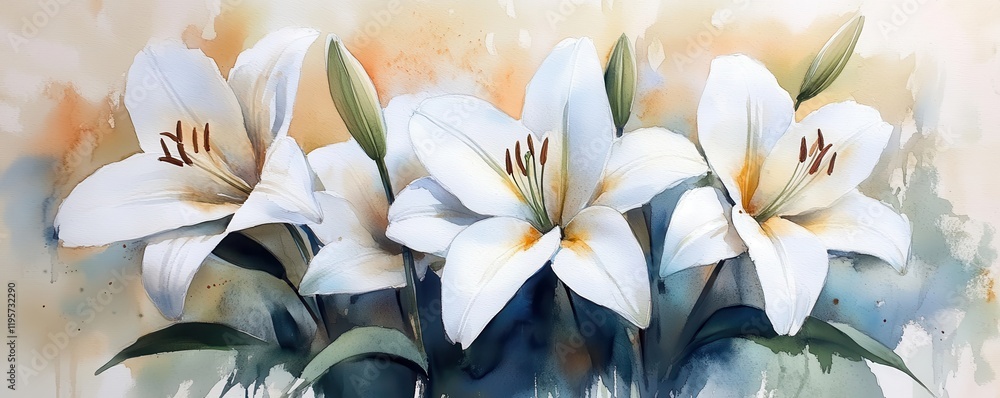 Elegant white lilies in watercolor with soft background details Elegant white lilies in watercolor with soft background details