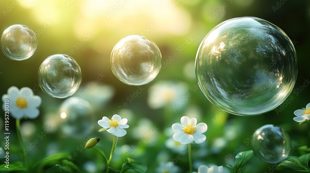 Sparkling soap bubbles float over blooming white flowers in a sunlit green field. Sparkling soap bubbles float over blooming white flowers in a sunlit green field.