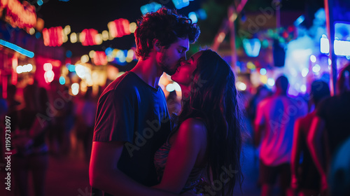 Loving Couple Kissing in Lips in Outdoor Music Festival, Enjoying Their Relationship and Moment, 