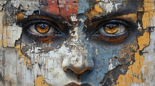 Weathered artistic portrait of a young female with intense stare and peeling paint texture