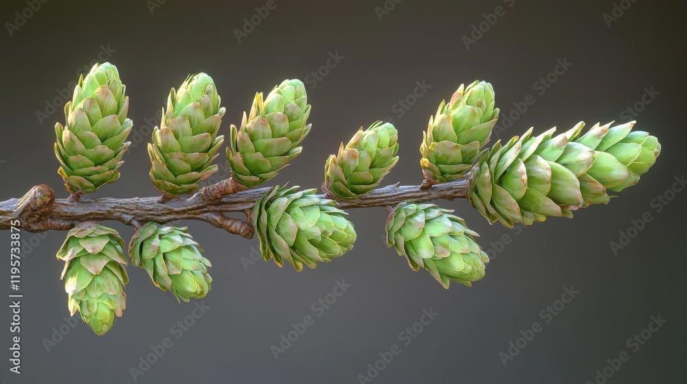 Close-up of larch tree branch with fresh green cones Close-up of larch tree branch with fresh green cones