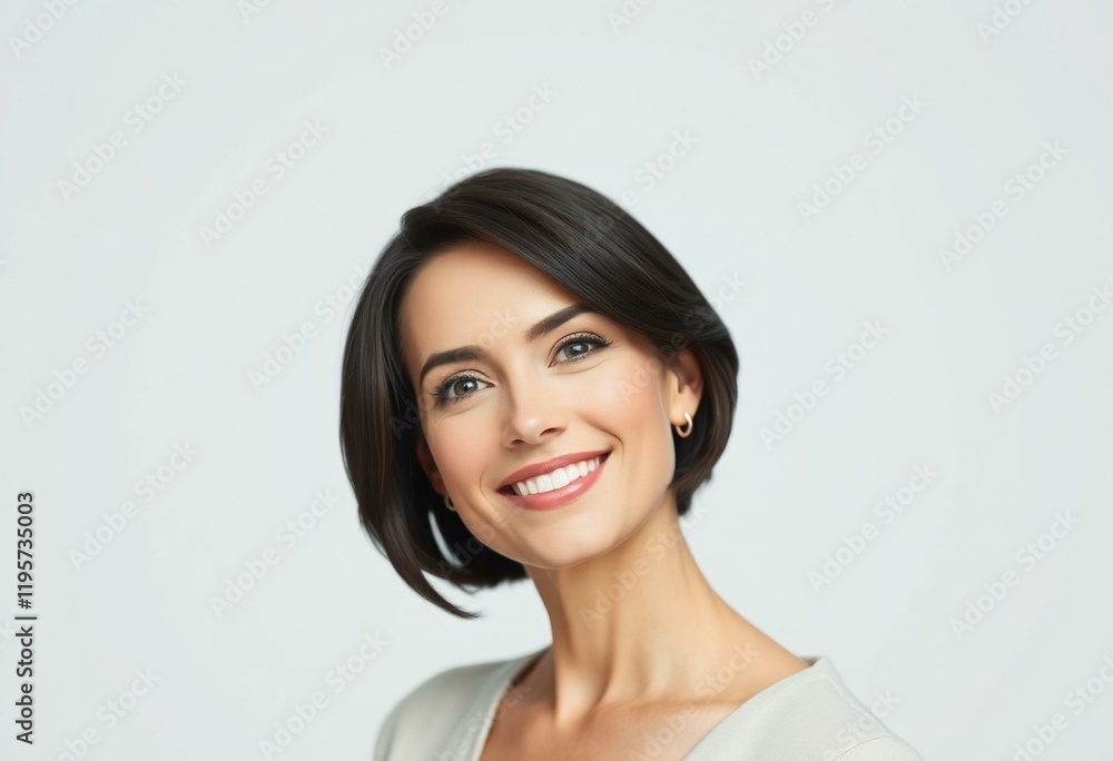 Woman with short dark hair and warm inviting smile Woman with short dark hair and warm inviting smile