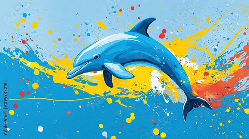   A painting of a dolphin jumping out of the water with paint splatters on its body photo