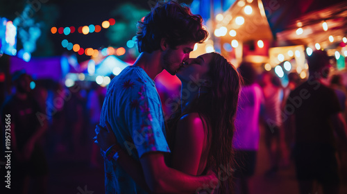 Loving Couple Kissing in Lips in Outdoor Music Festival, Enjoying Their Relationship and Moment, 