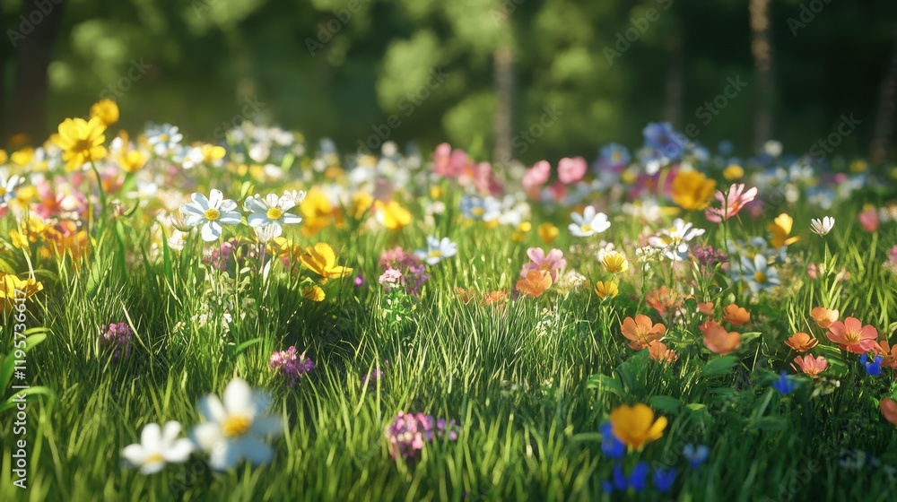 Vibrant meadow with colorful wildflowers in bloom under sunlight Vibrant meadow with colorful wildflowers in bloom under sunlight