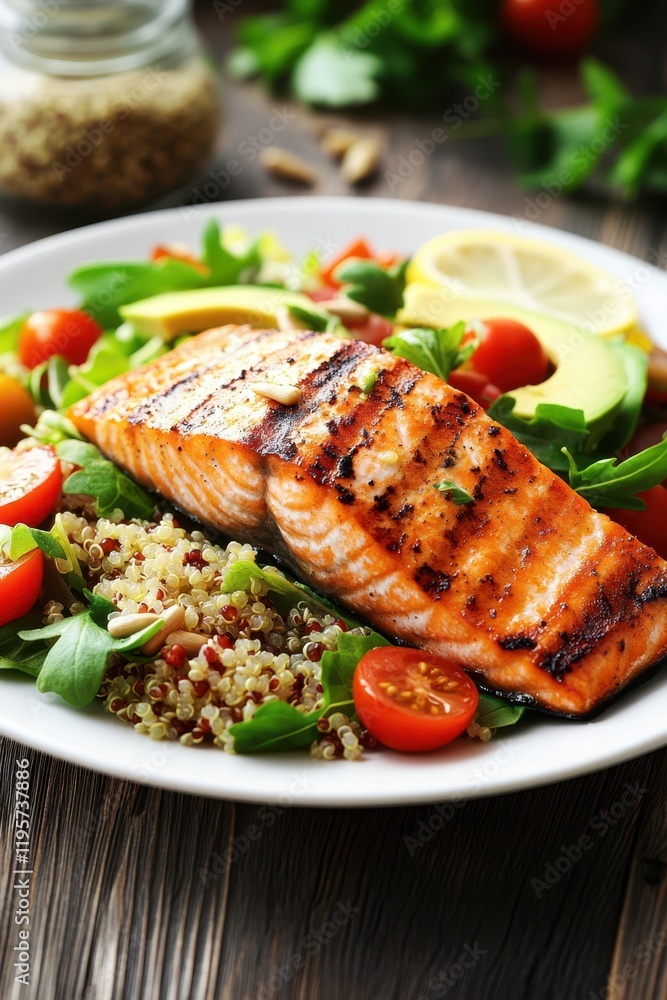 Grilled Salmon with Fresh Salad, Avocado, and Quinoa Grilled Salmon with Fresh Salad, Avocado, and Quinoa