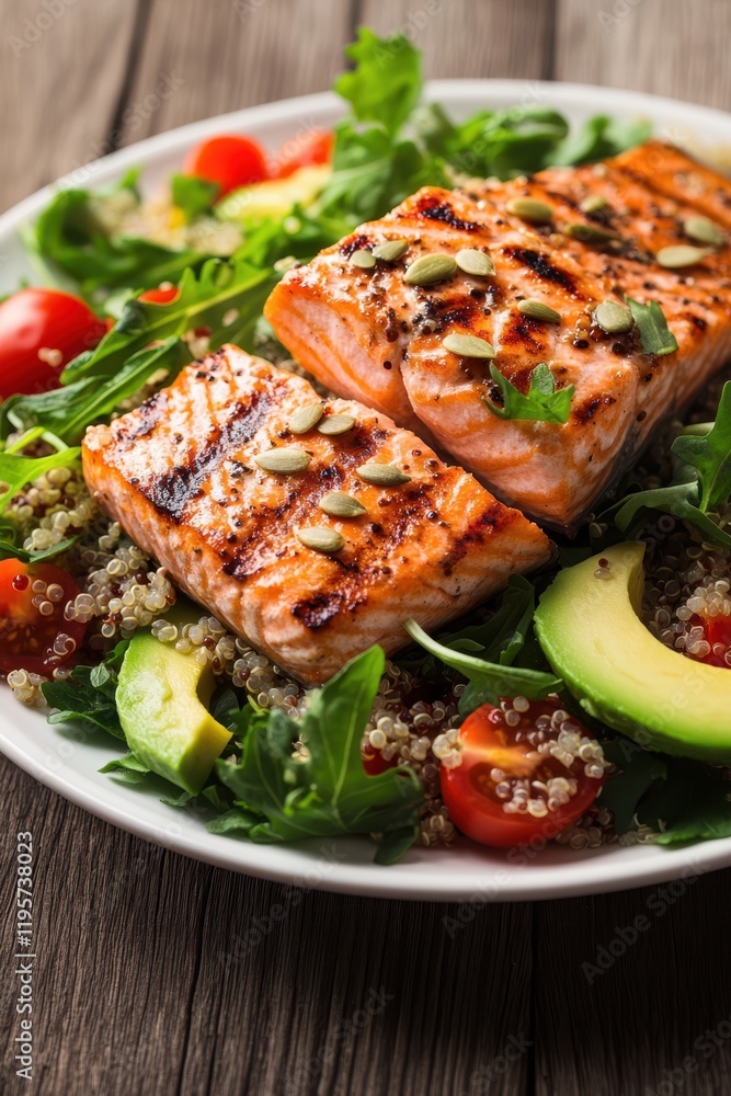 Grilled Salmon with Fresh Salad, Avocado, and Quinoa Grilled Salmon with Fresh Salad, Avocado, and Quinoa