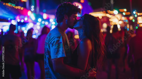 Loving Couple Kissing in Lips in Outdoor Music Festival, Enjoying Their Relationship and Moment, 
