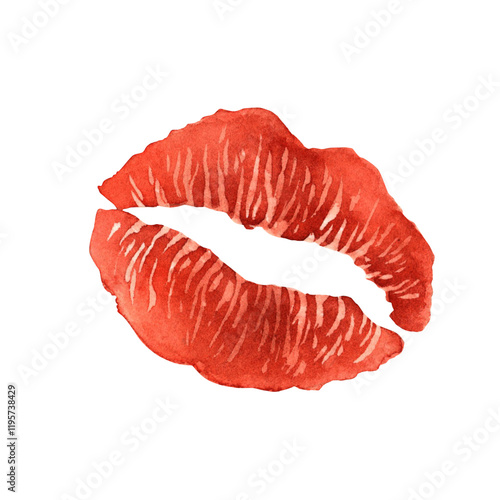 Bright imprint of red lipstick of woman. Watercolor illustration hand drawn on isolated background. Suitable for design Birthday, wedding, Valentine's Day, invitations, cards, packaging, banners