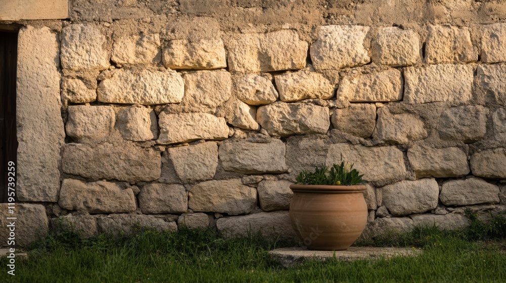 Rustic terracotta pot with plants sits against an old stone wall in warm sunlight. Rustic terracotta pot with plants sits against an old stone wall in warm sunlight.