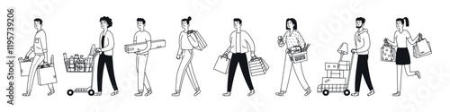 Set of people with shopping carts. Shoppers, consumers with grocery carts and supermarket baskets walking. Customers with purchases, fresh products. Doodle illustration