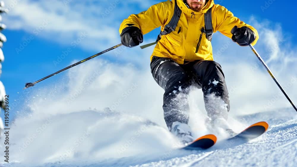 A skier dressed in bright yellow navigates through powdery snow, expertly carving turns against a backdrop of blue skies and distant trees in the mountains. A skier dressed in bright yellow navigates through powdery snow, expertly carving turns against a backdrop of blue skies and distant trees in the mountains.