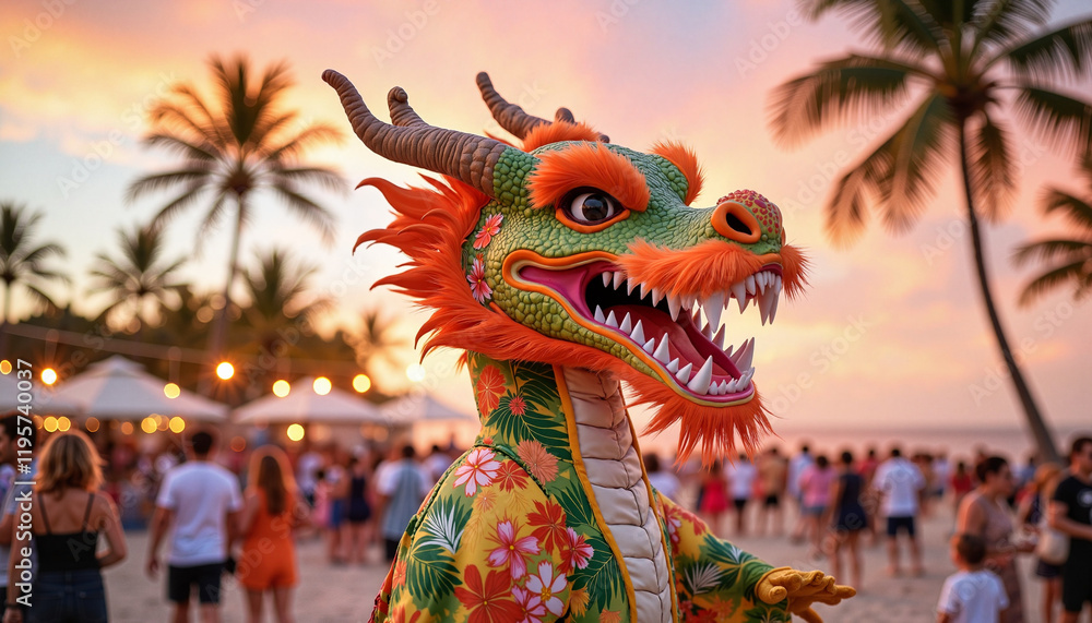 Fototapeta premium Dragon head costume celebrates tropical party at sunset, festive joy