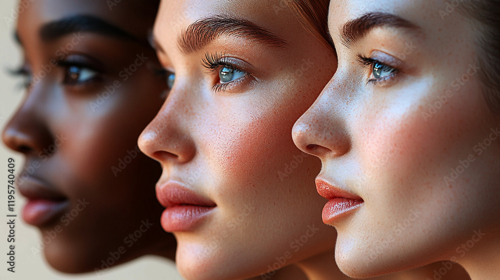 Three Women with Different Colored Eyes and One with a Nose Ring Featuring Dewy Skin Perfect Natural Skin Tones and Soft Faces in a Beauty Campaign Generative AI Three Women with Different Colored Eyes and One with a Nose Ring Featuring Dewy Skin Perfect Natural Skin Tones and Soft Faces in a Beauty Campaign Generative AI