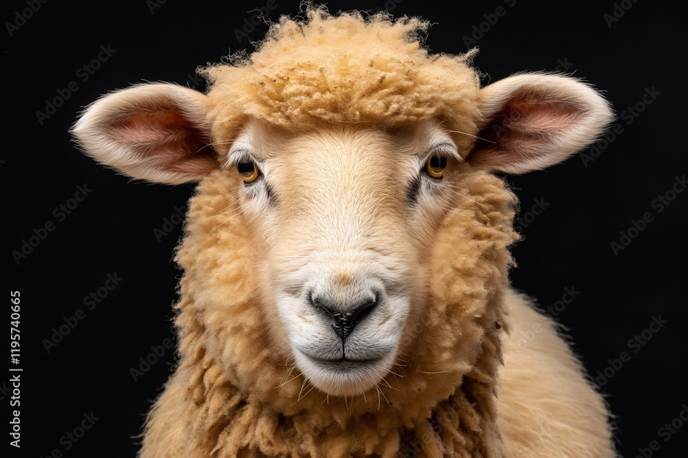 Close-up portrait of a fluffy sheep with curly wool and alert eyes Close-up portrait of a fluffy sheep with curly wool and alert eyes