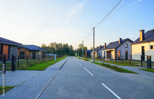 Wallpaper Mural Street road in gated community. Suburban Scandi home in rural. Modern Scandinavian houses in Village. House in suburban neighborhood. Family Home in countryside. Home in countryside. Farmhouse. Torontodigital.ca