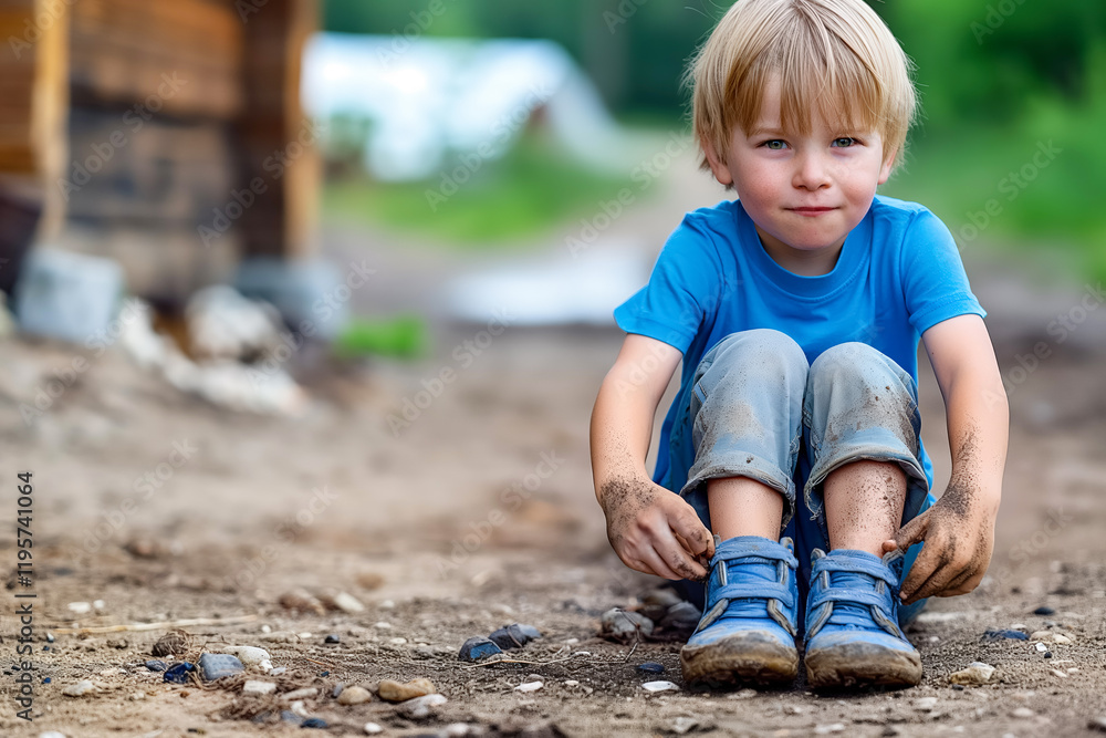 Young blonde boy in blue shirt smiling outdoors with dirty shoes and jeans Young blonde boy in blue shirt smiling outdoors with dirty shoes and jeans